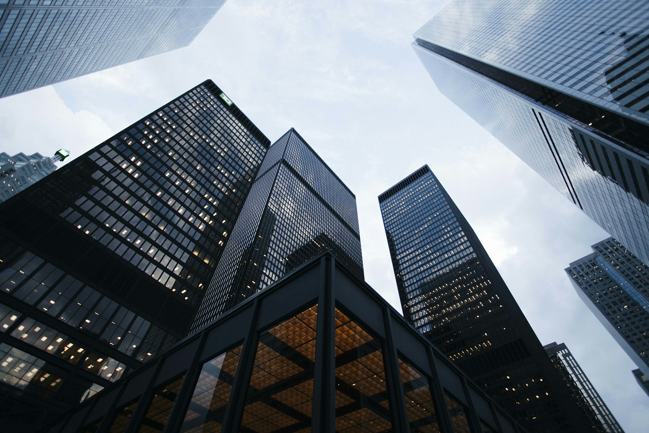 Contemporary glass architecture viewed from below