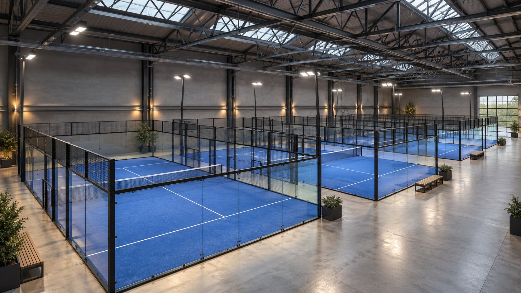 Illustrative architectural concept of professional padel courts inside an industrial unit